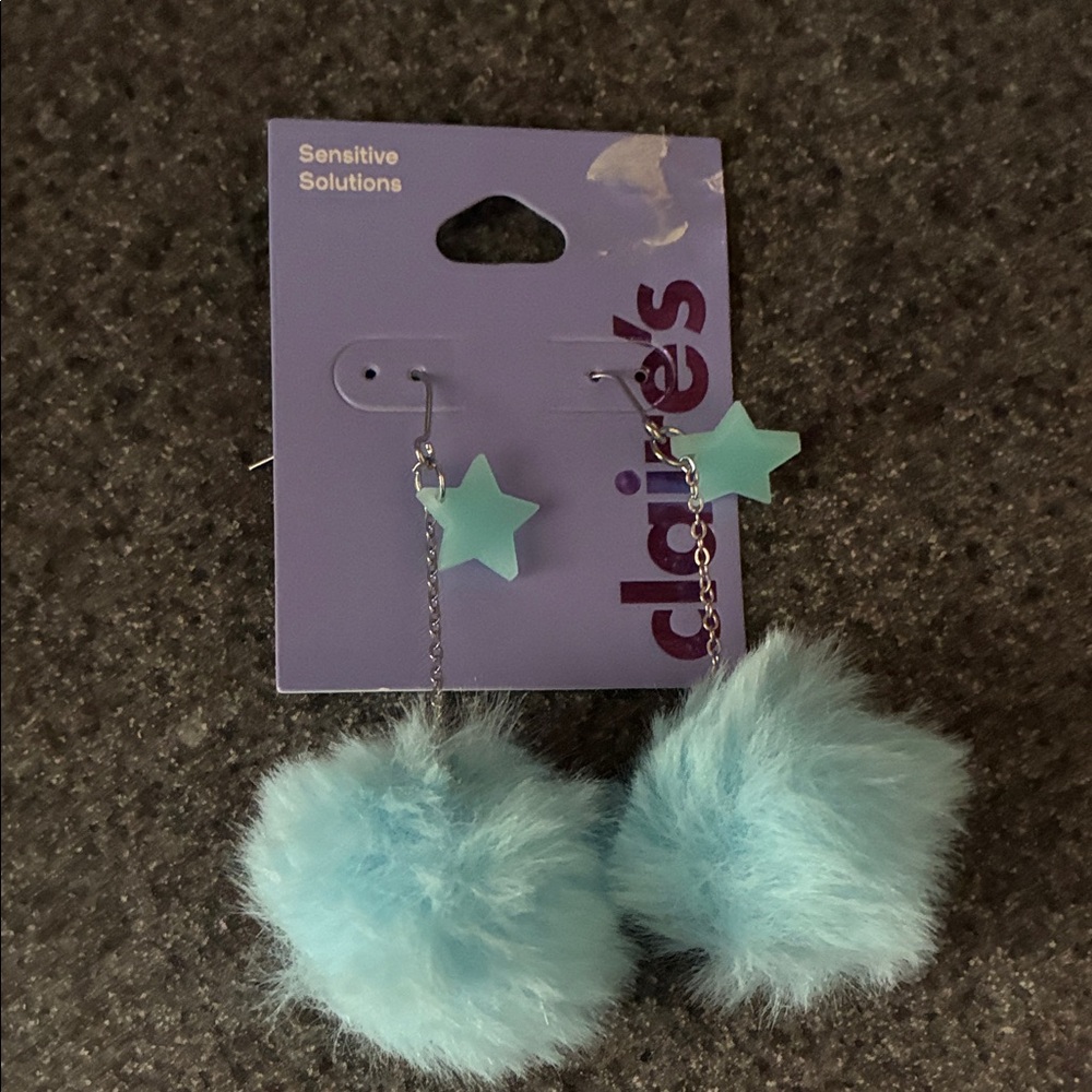 Claire's Aqua Star and Fluffy Pom Pom Earrings